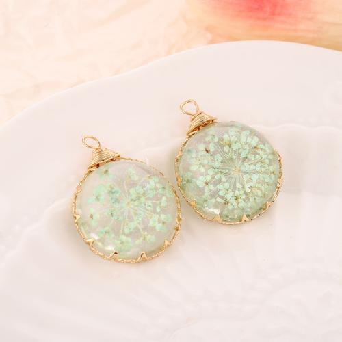 Bijoux pendentifs en Zinc alliage , alliage de zinc, avec Autocollant époxyde & Fleurs séchées, Rond, Placage, DIY, Couleur aléatoire Vendu par PC