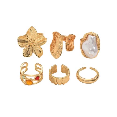 Zinc Alloy Ring Set, with Synthetic Gemstone & Resin, 6 pieces & fashion jewelry & for woman, golden 