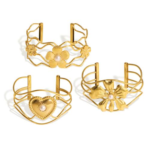 Stainless Steel Cuff Bangle, 304 Stainless Steel, with Plastic Pearl, plated & for woman & hollow [