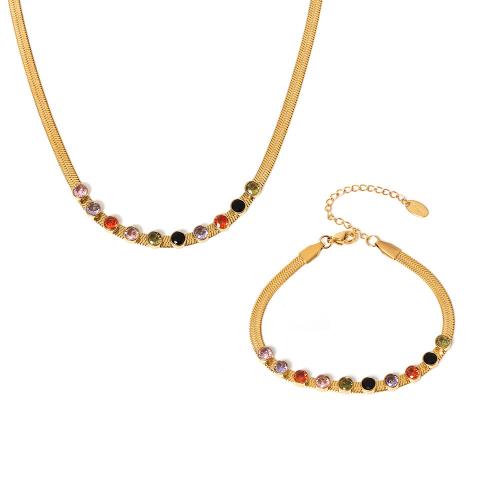 Cubic Zirconia Micro Pave Ensembles de bijoux en acier inoxydable, Acier inoxydable 304, avec zircon cubique, Plaqué d'or 18K, bijoux de mode & styles différents pour le choix & pour femme, Vendu par PC