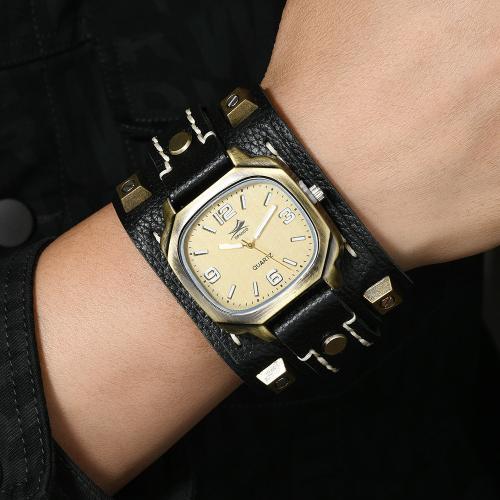 Cowhide Watch Bracelet, with Wax Cord & Glass & Zinc Alloy, vintage & Chinese movement & for man Approx 28 cm [