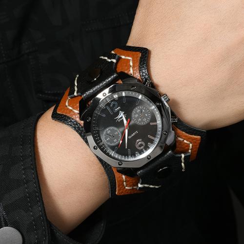 Cuero de vaca Pulsera de reloj, con Cordón de cera & Vidrio & aleación de zinc, movimiento chino & estilo punky & para hombre, más colores para la opción, longitud:aproximado 27 cm, Vendido por UD