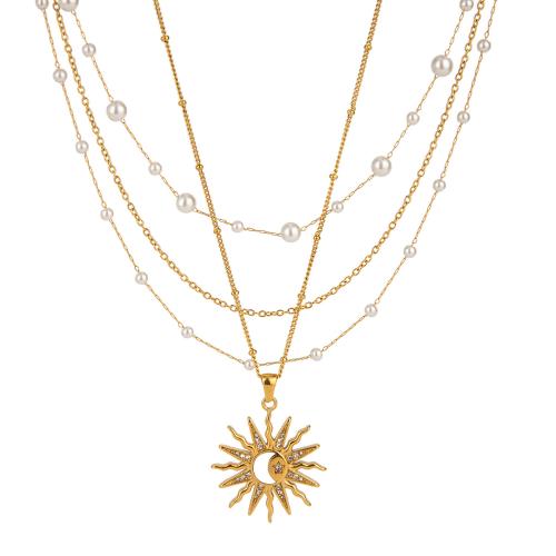 ステンレス鋼のジュエリーネックレス, 304ステンレススチール, とともに プラスチック製パール, メッキ, 3つの層 & 異なるスタイルを選択 & 女性用, 金色, 売り手 パソコン