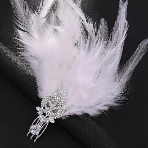 Copper Alloy Decorative Hair Comb, with Fiber, fashion jewelry & for woman & with rhinestone, silver color 
