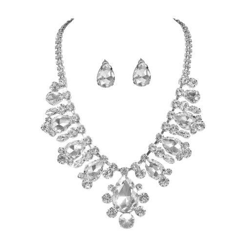 Ensemble de bijoux en cuivre, laiton, Boucle d’oreille stud & collier, bijoux de mode & pour femme & avec strass, blanc, Vendu par fixé