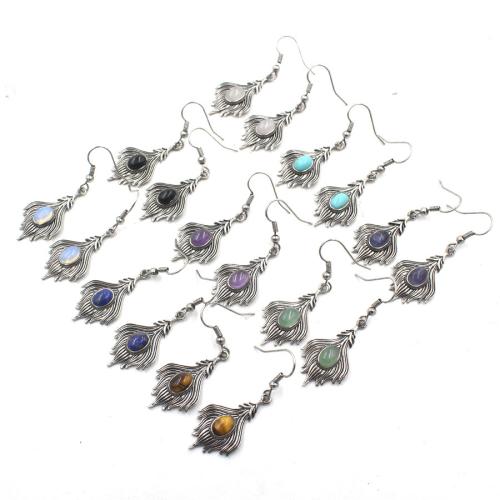 Zinc Alloy Drop Earring, with Gemstone, Feather, plated, fashion jewelry 