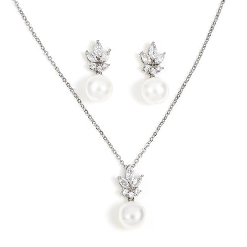 laiton parure de bijoux, boucle d'oreille & collier, avec perle de plastique, Plaqué de platine, 2 pièces & pavé de micro zircon & pour femme Environ 16-18 pouce, Vendu par fixé