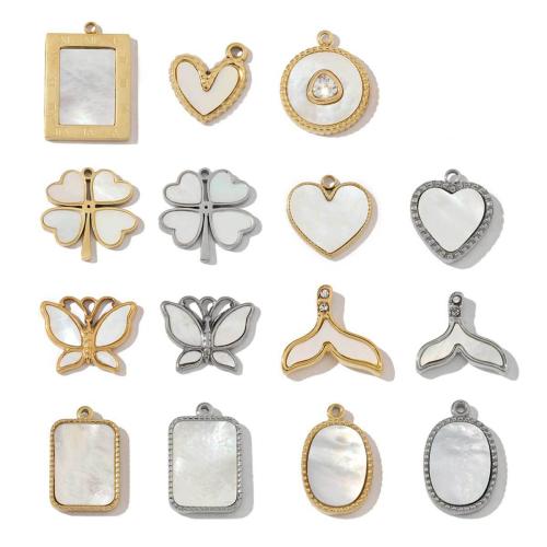 Acier inoxydable 304 Pendentif, avec coquille blanche, DIY & pavé de micro zircon, plus de couleurs à choisir Vendu par sac[
