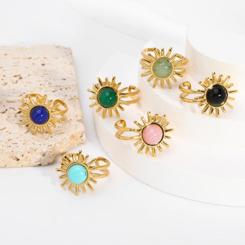 304 Stainless Steel Cuff Finger Ring, with turquoise, gold color plated, fashion jewelry & for woman & hollow 