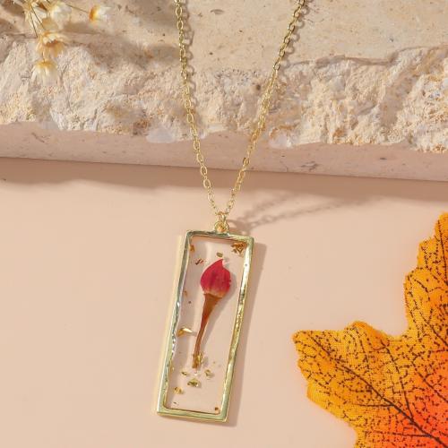 Collier en laiton fait à la main, avec Fleurs séchées & résine, rectangle, bijoux de mode & pour femme, Vendu par PC