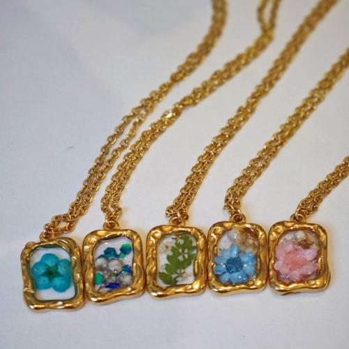 Titanium Steel Necklace, with Dried Flower, fashion jewelry & for woman & epoxy gel 