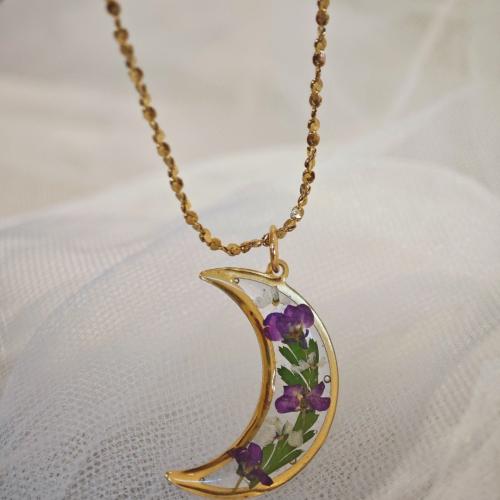 ステンレス ネックレス, とともに ドライフラワー, とともに 5cm エクステンダチェーン, 月, ファッションジュエリー & 女性用 & エナメル, 長さ:約 45 センチ, 売り手 パソコン