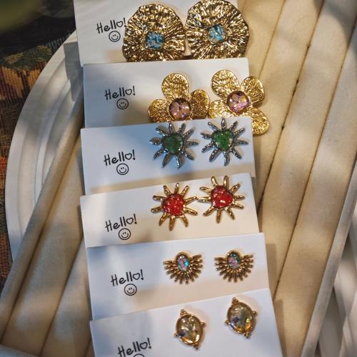 acier inoxydable boucle d oreille dormeuse, avec Fleurs séchées, Placage ionique sous vide, bijoux de mode & styles différents pour le choix & pour femme & autocollant époxyde, Vendu par paire