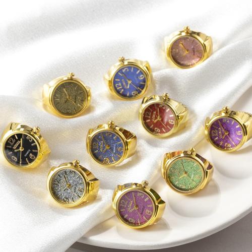 Zinc Alloy Finger Ring Watch, with Glass, Round, gold color plated, adjustable & for woman US Ring [