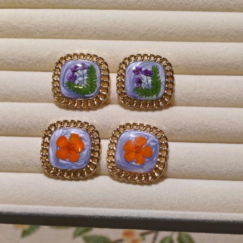 alliage de zinc boucle d oreille dormeuse, avec Fleurs séchées, bijoux de mode & pour femme & autocollant époxyde, plus de couleurs à choisir, Vendu par paire