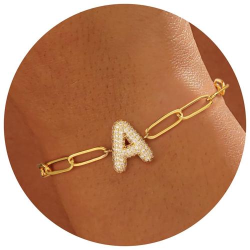 Zinc Alloy Bracelet, Alphabet Letter, gold color plated & for woman & with rhinestone Approx 6-8 Inch [