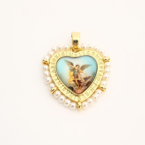Brass Heart Pendants, with Plastic & Plastic Pearl, DIY 