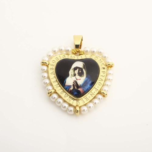 Brass Heart Pendants, with Plastic & Plastic Pearl, DIY 