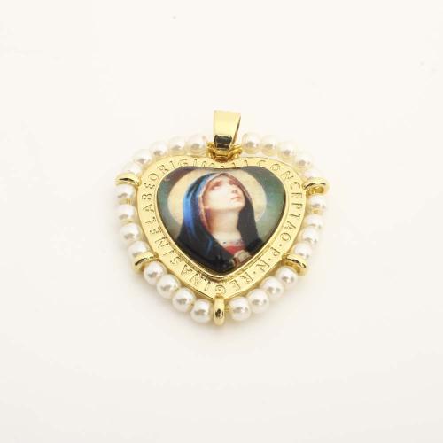 Brass Heart Pendants, with Plastic & Plastic Pearl, DIY, golden 
