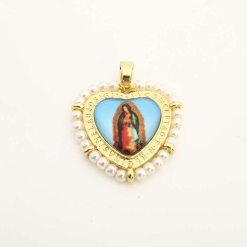 Brass Heart Pendants, with Plastic & Plastic Pearl, DIY, golden 