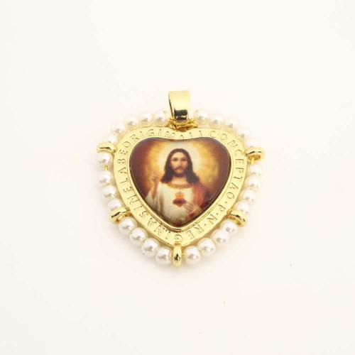 Brass Heart Pendants, with Plastic & Plastic Pearl, DIY, golden 