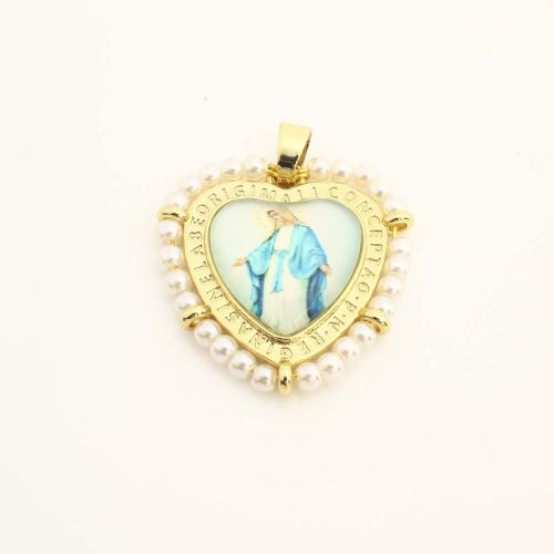 Brass Heart Pendants, with Plastic & Plastic Pearl, DIY, golden 