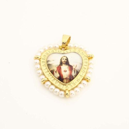 Brass Heart Pendants, with Plastic & Plastic Pearl, DIY, golden 