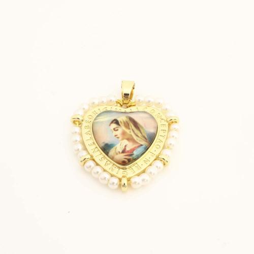 Brass Heart Pendants, with Plastic & Plastic Pearl, DIY, golden 