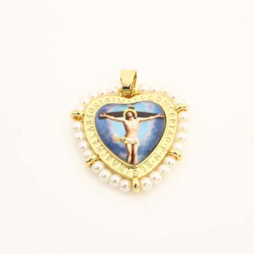 Brass Heart Pendants, with Plastic & Plastic Pearl, DIY, golden 