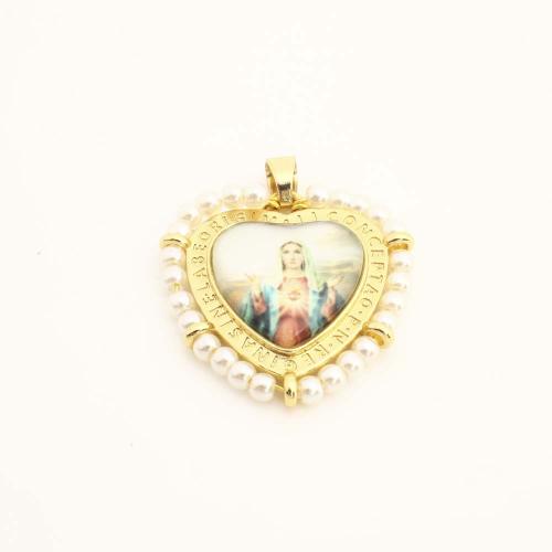 Brass Heart Pendants, with Plastic & Plastic Pearl, DIY, golden 