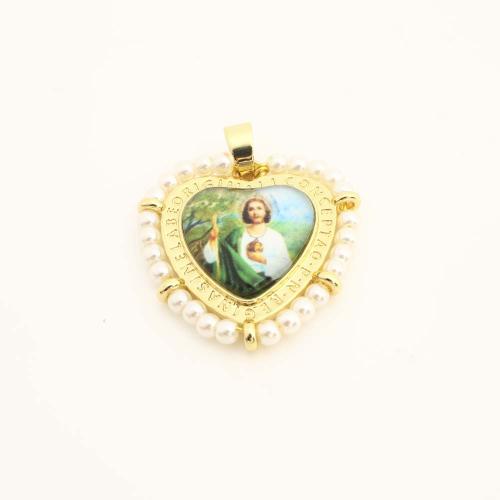 Brass Heart Pendants, with Plastic & Plastic Pearl, DIY, golden 
