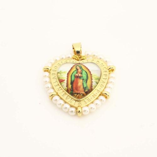 Brass Heart Pendants, with Plastic & Plastic Pearl, DIY, golden 