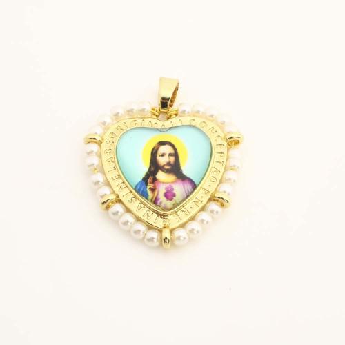 Brass Heart Pendants, with Plastic & Plastic Pearl, DIY, golden 