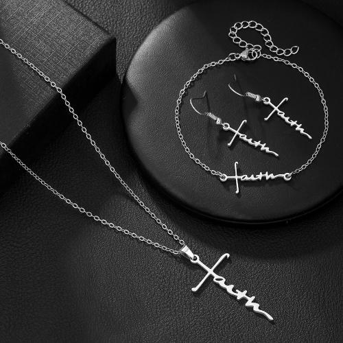 Stainless Steel Saint Jewelry Sets, 304 Stainless Steel, Cross, silver color plated, three pieces & fashion jewelry, silver color 