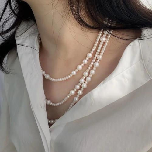 Collier de perles d'eau douce naturelles, perle d'eau douce cultivée, avec alliage de zinc, Rond, Placage de couleur d'or, bijoux de mode, blanc Vendu par brin