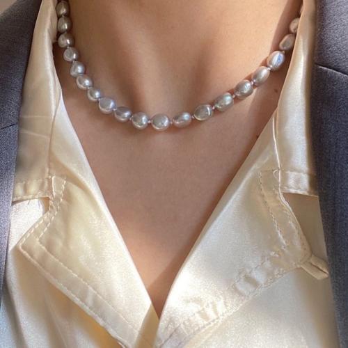 Природное пресноводное жемчужное ожерелье, Пресноводные жемчуги, с цинковый сплав, Стиль Барокко, плакирован золотом, ювелирные изделия моды, серый длина:41-51 см, продается PC[