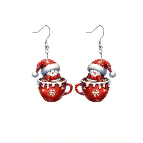 Christmas Earrings, Zinc Alloy, with Acrylic, Snowman, printing, 3D Printed & Christmas Design & for woman, red 