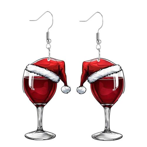 Christmas Earrings, Acrylic, with 304 Stainless Steel, Cup, printing, Christmas Design & for woman & double-sided, red 