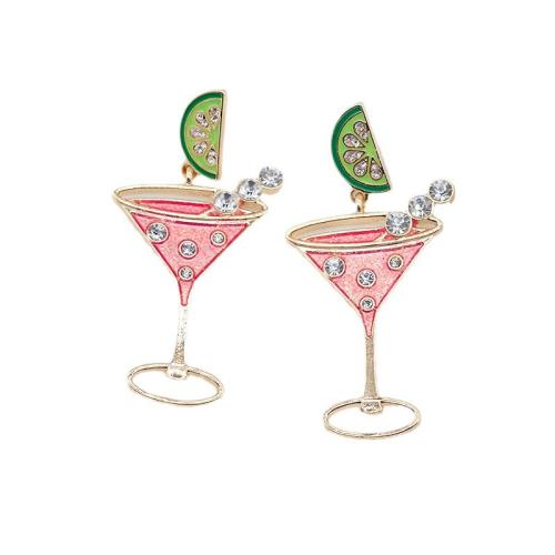 Zink Legierung Tropfen Ohrring, Zinklegierung, Tasse, für Frau & Emaille & mit Strass & hohl, Rosa, verkauft von Paar[