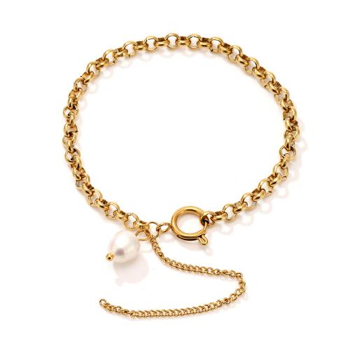 Bracelet en acier inoxydable, Acier inoxydable 304, avec perle d'eau douce cultivée, Plaqué d'or 18K, bijoux de mode & pour femme, Vendu par PC