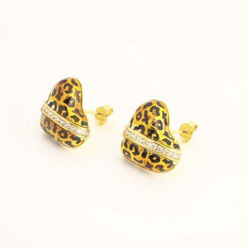 Латуни Стад Серьги, Латунь, Сердце, ювелирные изделия моды & инкрустированное микро кубического циркония & Женский & эмаль, Золотой, продается Пара