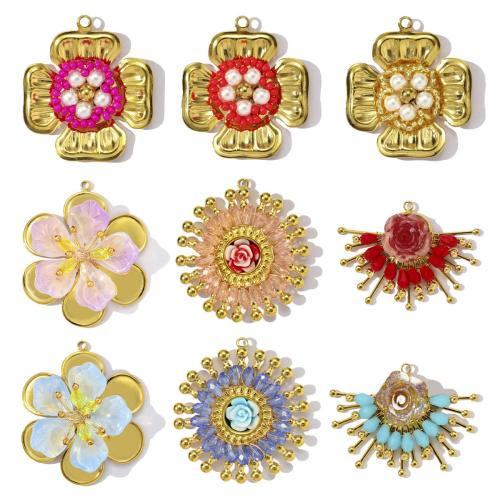 Stainless Steel Pendants, 304 Stainless Steel, with Glass Beads & ABS Plastic Pearl & Resin, gold color plated, DIY 