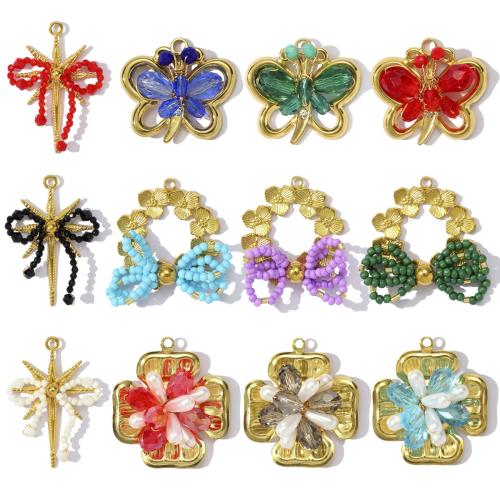 Pendentifs en acier inoxydable strass, Acier inoxydable 304, avec Des billes de verre & Plastique ABS perle, Placage de couleur d'or, DIY & pavé de micro zircon & avec strass, plus de couleurs à choisir Vendu par sac