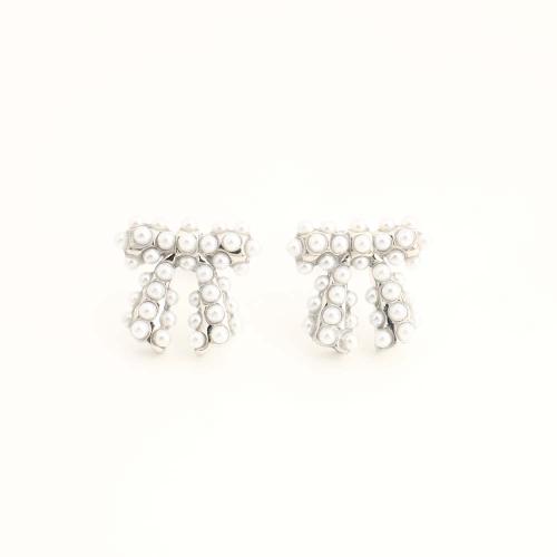 Латунь Сережка-гвоздик, с Пластиковая жемчужина, Бантик, ювелирные изделия моды & Женский, Много цветов для выбора, продается Пара