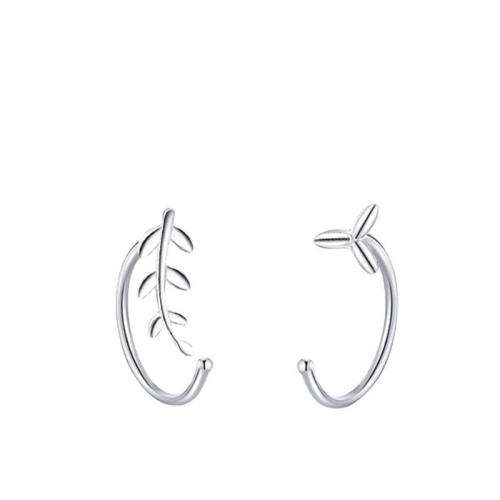 Argent sterling 925 Boucles d’oreilles asymétriques stud, feuille, Plaqué de platine, bijoux de mode & pour femme, 10mm, Vendu par paire[