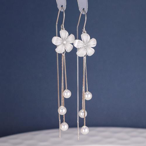 Argent sterling 925 boucles d'oreilles chaîne, avec résine & perle de plastique, fleur, pour femme & avec strass, earring length 70-100mm, Vendu par paire