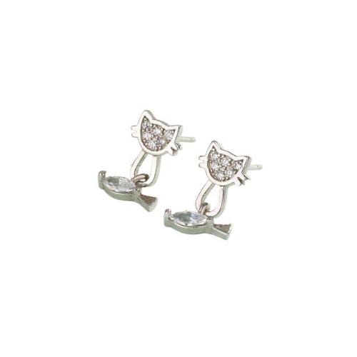 Argent sterling 925 Boucle d'oreille goutte, Chat et poissons, Plaqué de platine, pour femme & avec strass Vendu par paire