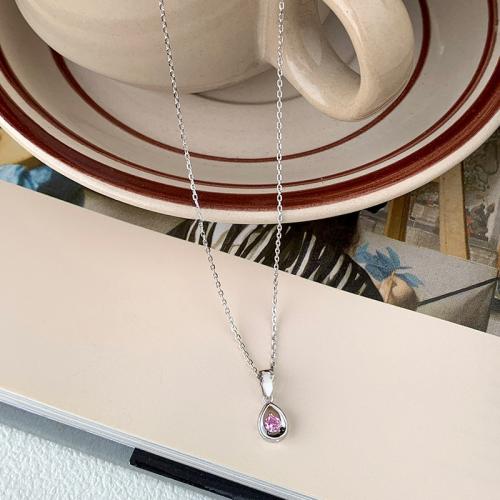 925 Sterling Silver Necklace, with 2inch extender chain, Teardrop, platinum plated, cross chain & micro pave cubic zirconia & for woman Approx 15.7 Inch 