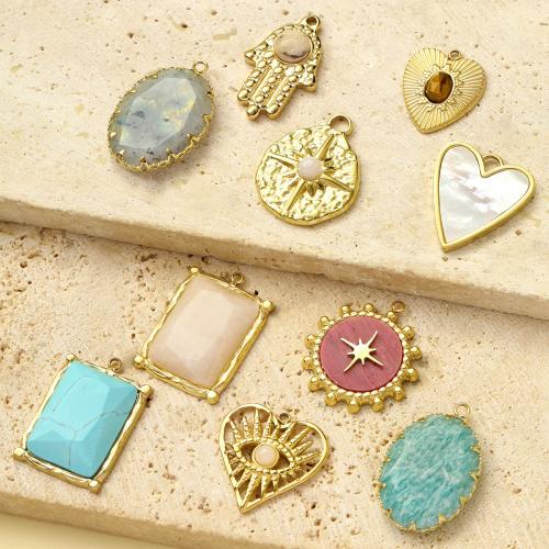 Stainless Steel Pendants, 304 Stainless Steel, with Natural Stone & White Shell, gold color plated, DIY 