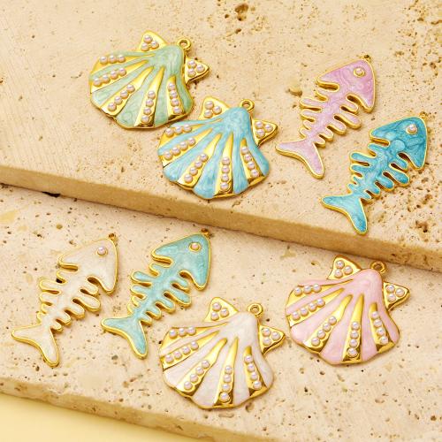 Emaille Edelstahl Anhänger, 304 Edelstahl, mit ABS-Kunststoff-Perlen, goldfarben plattiert, DIY, keine, 3PCs/Tasche, verkauft von Tasche